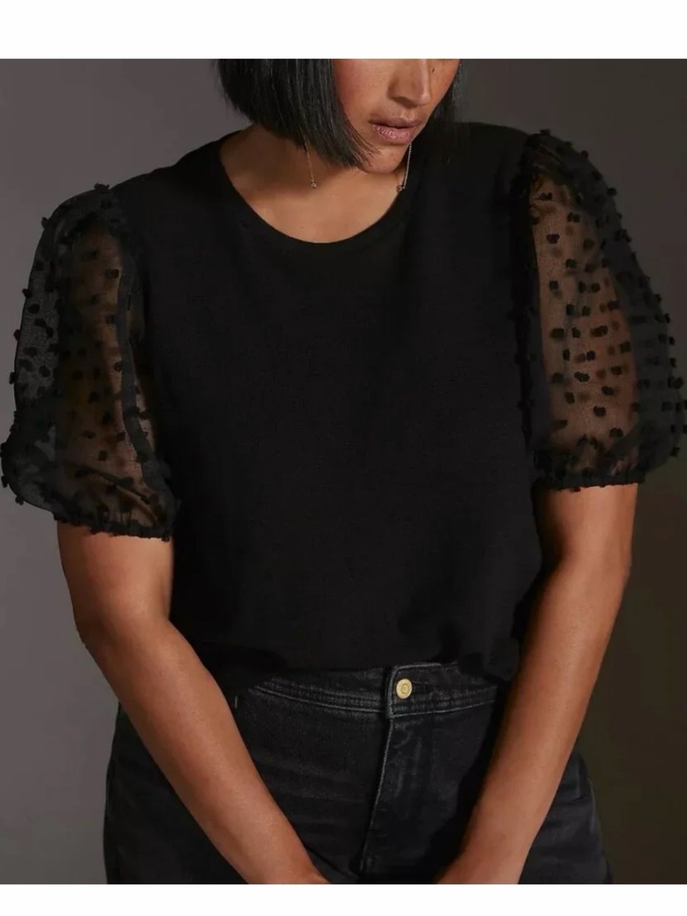 Maeve Anthropologie Black Swiss Dot Puff Sleeve Top